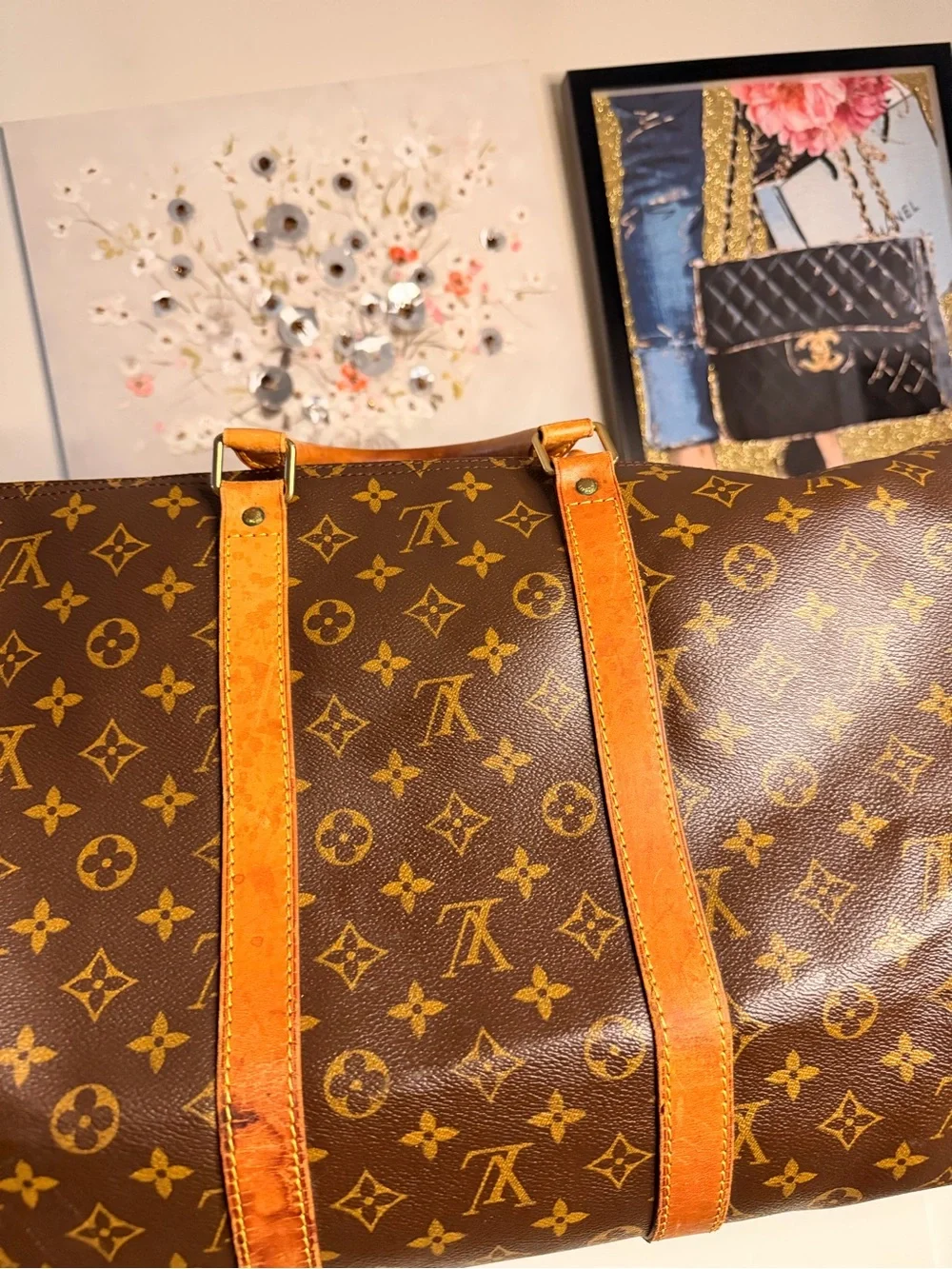 Louis Vuitton Brown Monogram Travel Duffle with Tan Leather Trim